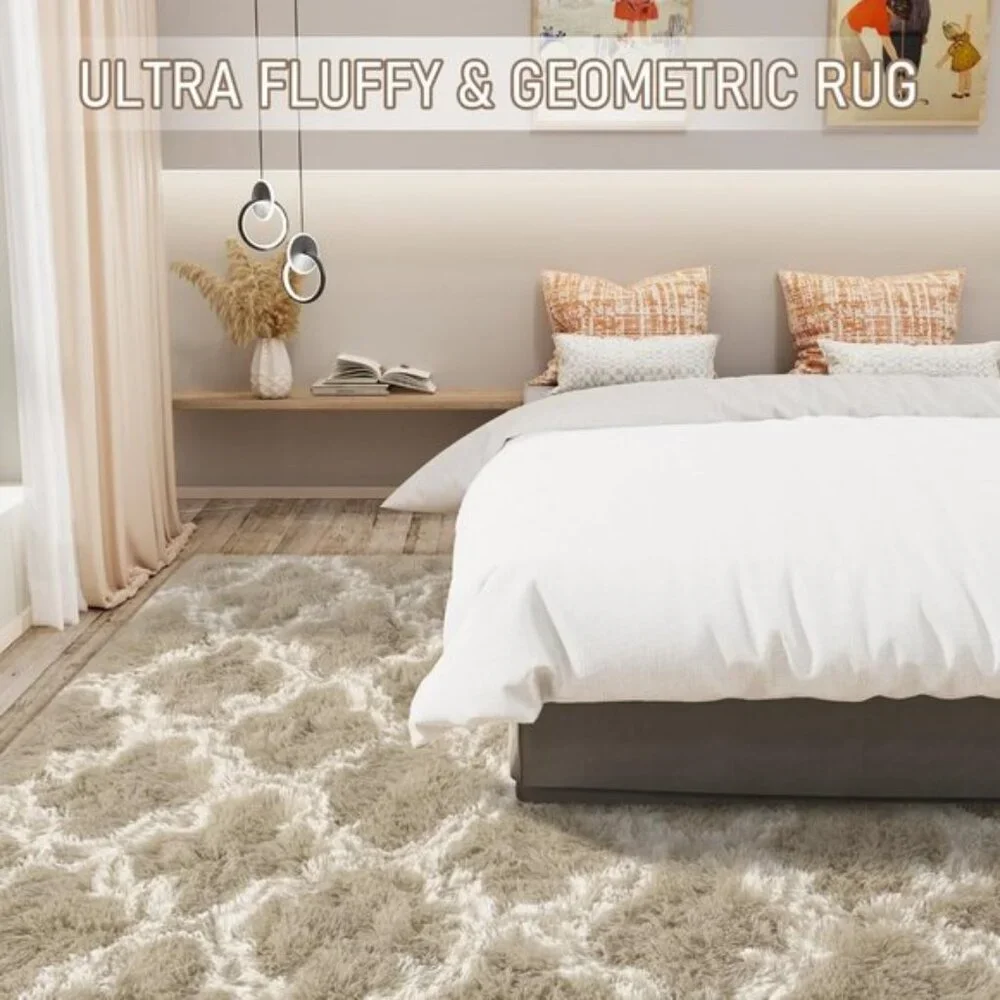 5x8In Luxury Shag Area Rug, Soft Plush Moroccan Geometric Rug for Bedroom, Beige